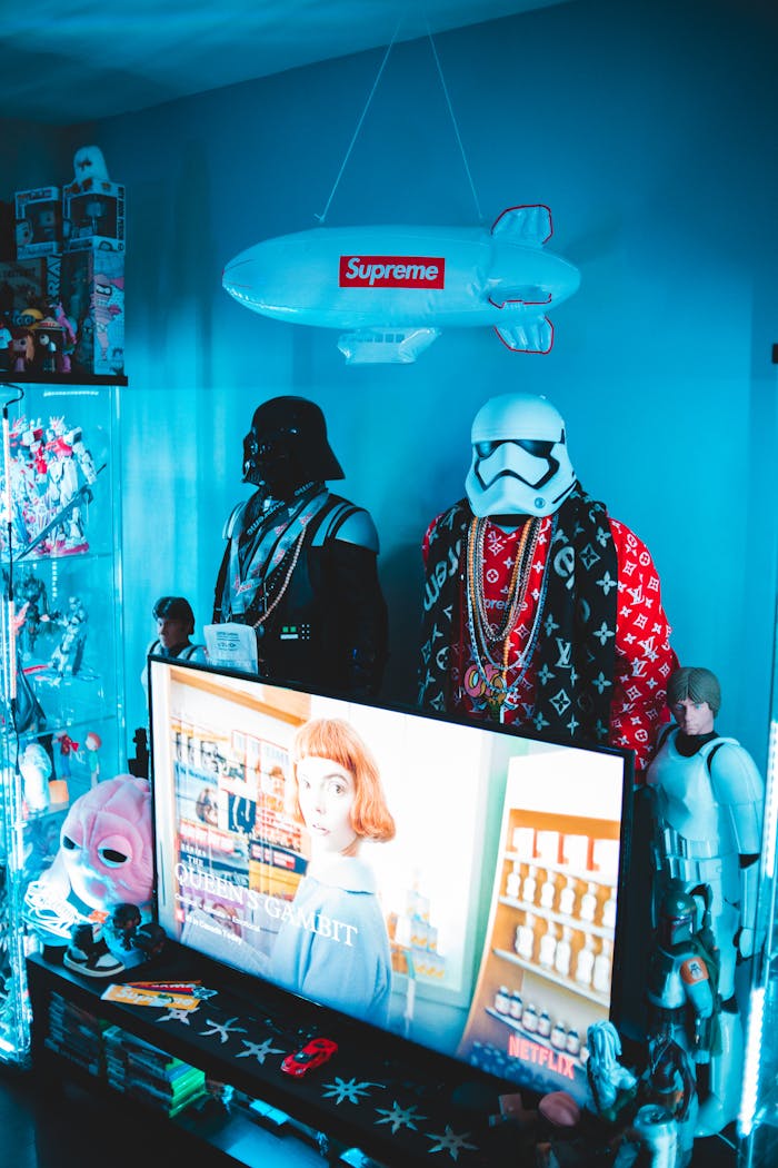 Vibrant display of collectible figures and modern decor in a stylish room.